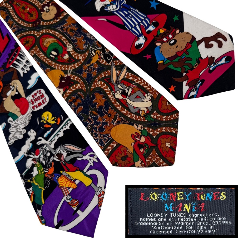 Vintage 90s Looney Tunes Mania Neck Ties Warner Bros 3-Pc Bundle Novelty Classic